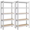 Two identical metal shelving units with wooden shelves are shown against a white background.