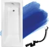 A white bathtub with a blue brush stroke overlay and a drain assembly.