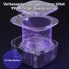 A 3D render of a UV sterilizer with a clear casing, showing a pair of dental aligners inside being exposed to purple UV light. Produktbild-Vorschau