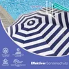 A close-up of a blue and white striped umbrella with water in the background. Produktbild-Vorschau