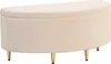 A beige upholstered storage bench with gold metal legs against a white background. Produktbild-Vorschau