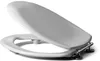 A white toilet seat and lid with chrome hinges, shown from a slightly elevated side angle against a white background. Produktbild-Vorschau