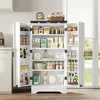 A white kitchen cabinet with its doors open, displaying various food items and kitchenware on its shelves. Anteprima dell’immagine prodotto