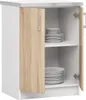 A white kitchen base cabinet with a wood-grain door, open to reveal two shelves stacked with plates. Anteprima dell’immagine prodotto