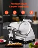 A commercial meat slicer is shown on a black countertop with some sliced bread and raw meat in the foreground. Náhled obrázku produktu