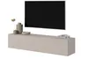 A television mounted above a beige TV stand with decorative items. Voir les images du produit