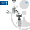 A close-up of a faucet with an adapter attached, shown against a white background with graphic overlays. Produktbild-Vorschau