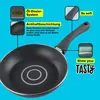 A frying pan with various feature callouts and text. Produktbild-Vorschau