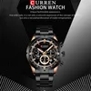 A black and gold Curren fashion watch is displayed against a black and gray background with abstract lines. Náhled obrázku produktu