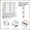 A collage of images showing a white fabric wardrobe with dimensions and details highlighted, along with close-ups of storage boxes and assembly points. Náhľad obrázku produktu