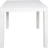 A white square table with slatted top and four legs, shown from a side angle against a white background.