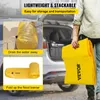 A person is holding a folded yellow flood barrier next to the open trunk of a car. Insets show the flood barrier being used to drain water and being folded. Anteprima dell’immagine prodotto