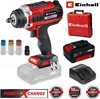 A collage of an Einhell cordless impact wrench kit, including the tool, battery, charger, case, and socket adapters. Produktbild-Vorschau