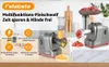 A marketing image showcasing a multifunctional meat grinder with various attachments and features highlighted. Produktbild-Vorschau