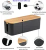 A black cable management box with a wooden lid, shown with callouts highlighting its features and included accessories. Produktbild-Vorschau