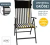 A striped chair cushion on a folding chair, with measurement indicators and text overlays. Produktbild-Vorschau