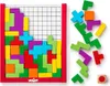 A wooden puzzle game with colorful blocks arranged in a grid and scattered around it. Produktbild-Vorschau