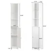 Two views of a tall, narrow white cabinet with shelves and a door. Produktbild-Vorschau