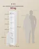 A diagram showing the dimensions of a white bookshelf next to silhouettes of two people, indicating scale. Text provides load capacity and measurements. Produktbild-Vorschau