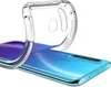 A clear protective phone case is shown draped over a blue smartphone. Produktbild-Vorschau