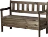 A wooden storage bench with a slatted backrest and armrests, shown against a white background. Voir les images du produit