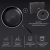 A product image showcasing a frying pan, its lid, and packaging, along with feature icons and descriptive text. Voir les images du produit