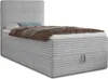 A studio shot of a single bed with a headboard and a mattress with bedding. Produktbild-Vorschau