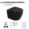A black wall-mounted toilet with its included accessories and instructions. Náhľad obrázku produktu