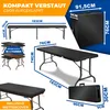 Collage of images showing a foldable table and benches, with dimensions and features highlighted. Produktbild-Vorschau