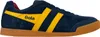 A side view of a blue Gola sneaker with yellow stripes and a brown sole. Produktbild-Vorschau