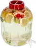 A clear plastic beverage dispenser filled with water and sliced fruits, with a red lid and a white spigot. Produktbild-Vorschau