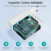 A cutaway view of a white USB charger showing its internal circuitry, with marketing text and icons below. Produktbild-Vorschau