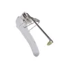 A white kitchen appliance handle with metal attachments against a white background. Produktbild-Vorschau