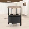 A diagram showing the dimensions of a round side table with a fabric storage basket. Náhled obrázku produktu