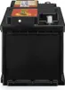 A black car battery with labels on top. Produktbild-Vorschau