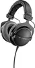 A pair of black over-ear headphones with a coiled cable. Produktbild-Vorschau