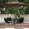 A patio set with chairs and a table under a brown umbrella, on a patio with a white lattice fence in the background. Anteprima dell’immagine prodotto