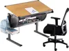 A child's adjustable desk and chair set, with a backpack and books on the desk. Produktbild-Vorschau