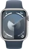 A close-up of an Apple Watch Series 9 with a blue sport band, displaying various complications on the watch face. Produktbild-Vorschau