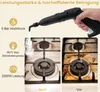 A hand holding a steam cleaner over a dirty stove, showing a before and after comparison. Produktbild-Vorschau
