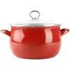 A red enamel pot with a glass lid and silver handles is shown against a white background. Podgląd zdjęcia produktu