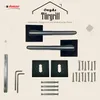 A product image showcasing door handles and related hardware, with text overlay describing the product. Produktbild-Vorschau