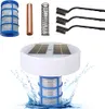 A solar-powered pool ionizer and its accessories are displayed against a white background, with water splashing around the ionizer. Produktbild-Vorschau