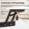 Close-up of a lift-top mechanism for a coffee table, highlighting its gas lift feature and quiet operation. Produktbild-Vorschau