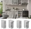 A kitchen scene with cabinets, a sink, an oven, and a dining table, along with individual cabinet units shown below. Voir les images du produit