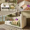 Collage of images showing a beige upholstered sofa bed with storage and charging ports, set up in a room. Produktbild-Vorschau
