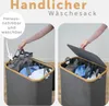 A split image showing a person interacting with a laundry basket. The left side shows a hand reaching into the basket, and the right side shows a hand closing the lid. Produktbild-Vorschau