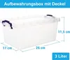 A clear plastic storage box with purple clips, showing dimensions and capacity. Produktbild-Vorschau