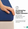 A hand is shown pressing down on a blue fitted sheet, demonstrating its stretch and fit over a mattress topper. Produktbild-Vorschau