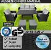A polyrattan garden seating set displayed outdoors on grass with marketing text and certifications. Produktbild-Vorschau